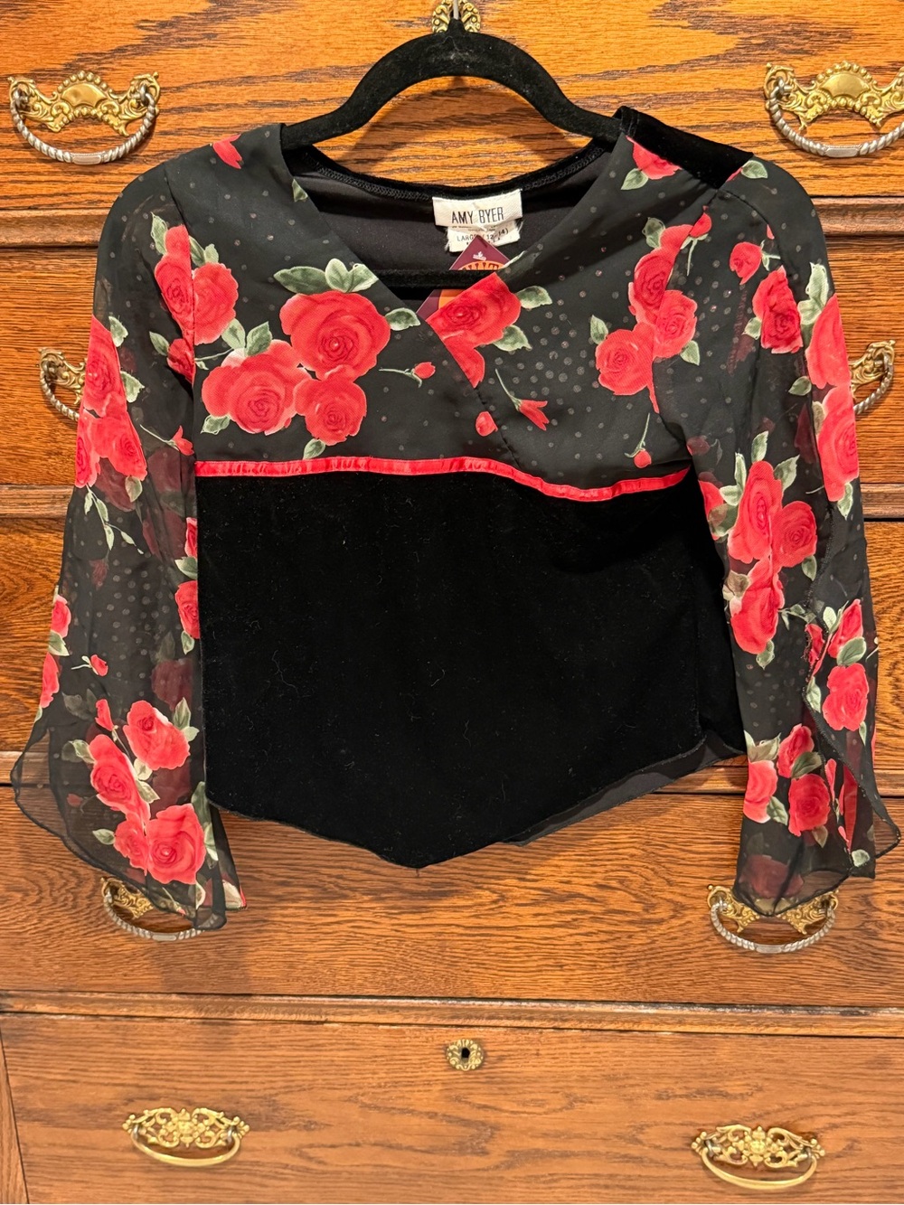 Amy Byer Black Velvet Top with Red Rose Sheer Sleeves